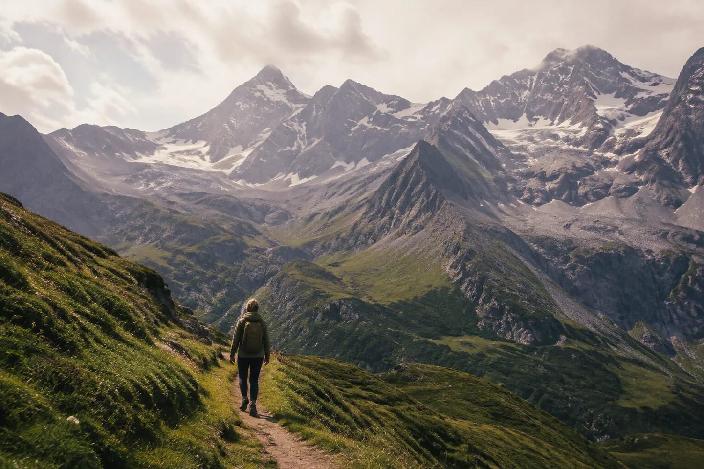 A lone traveler follows a green alpine trail toward dramatic snow-covered peaks