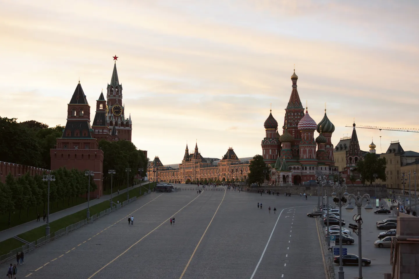 Saint Basil’s Cathedral and the Kremlin towers in the soft evening light of Moscow