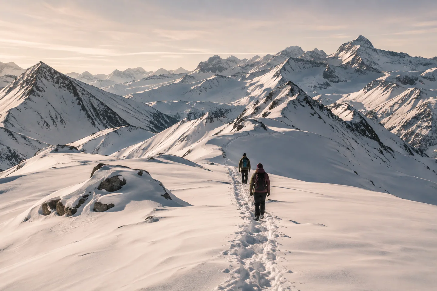 Two hikers make their way through a vast snow-covered alpine landscape